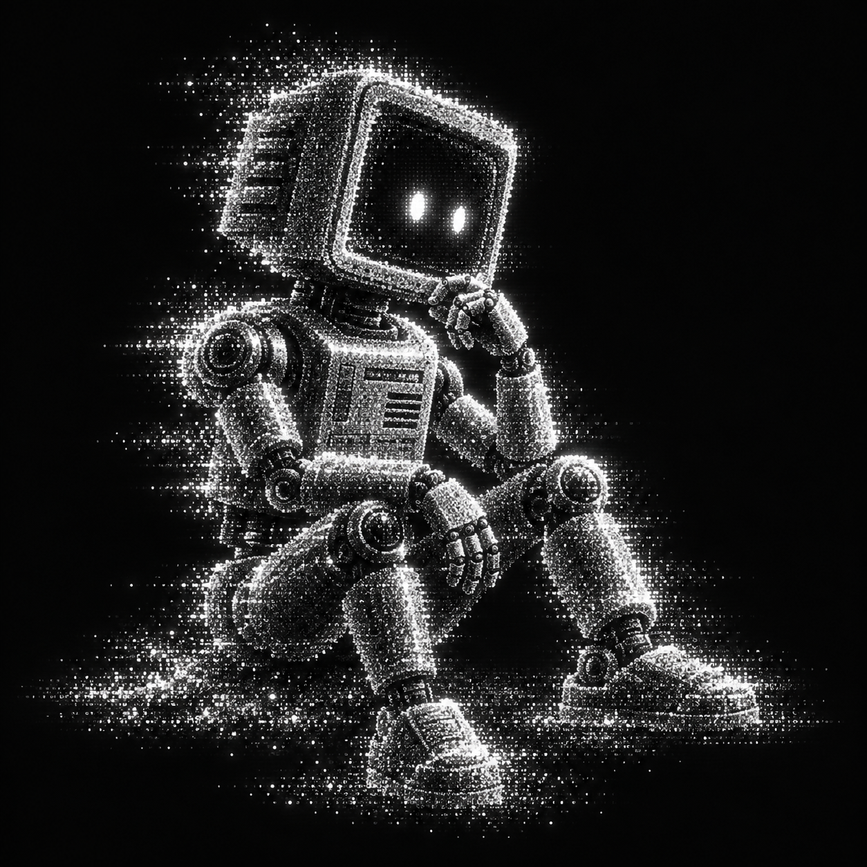 A thoughtful computer robot formed from luminous monochrome particles